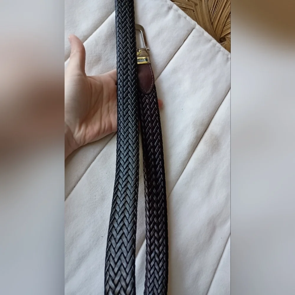 Nautica Reversible Black And Brown Braided Leather Belt With Silver Buckle